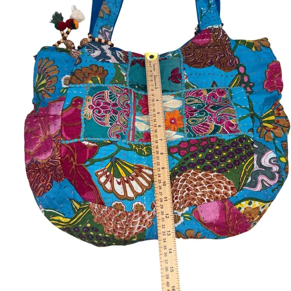 Tribe Azure Boho Patchwork Oversized Tote Bag Blue Handcrafted Embroidered - Picture 6 of 10